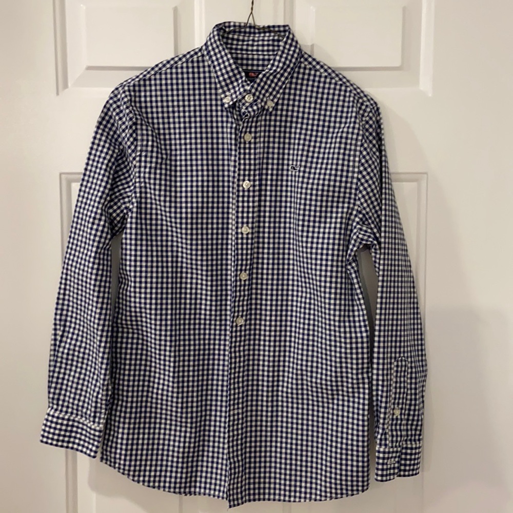 SZ 16 XL VINEYARD VINES YOUTH NAVY WHITE CHECK MINT LIKE NEW BUTTON WHALE SHIRT